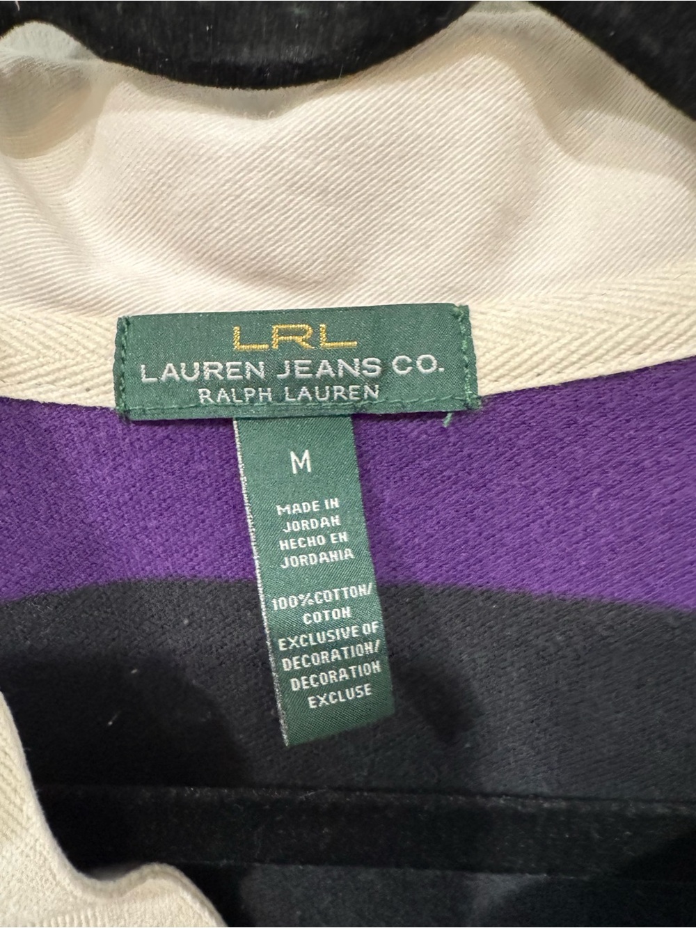Ralph Lauren Purple & Black Striped V‑Neck Rugby Sweater with Cream Collar - Picture 2 of 5